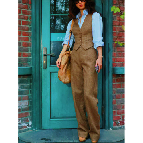 LISAYU原创秋冬羊毛马甲复古英伦西裤长裤修身马甲毛呢呢子两件套