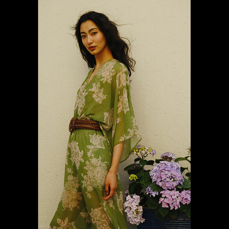 2025LISAYU印花雪纺垂感连体裤连衣裤绿色花卉超长连体裤