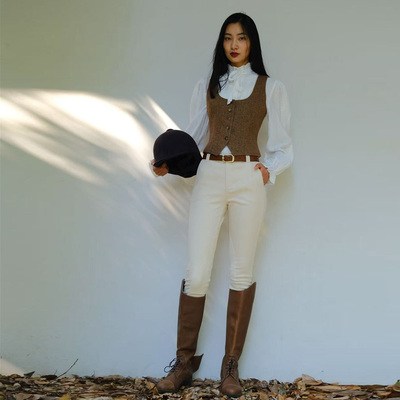 LISAYU羊毛马甲背心毛呢马甲衬衣弹力马裤长裤修身西装法式三件套