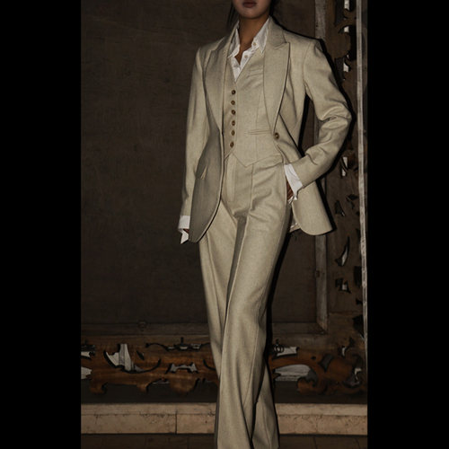 羊毛西装秋冬三件套复古毛呢米色外套大衣马甲长裤毛呢阔腿裤套装