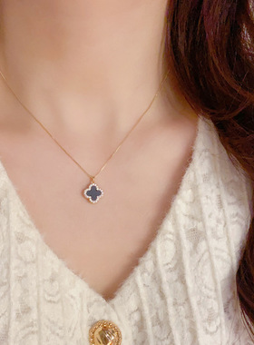 欧美复古镶钻锆石双面花朵四叶草项链轻奢高端小众级设计感锁骨颈