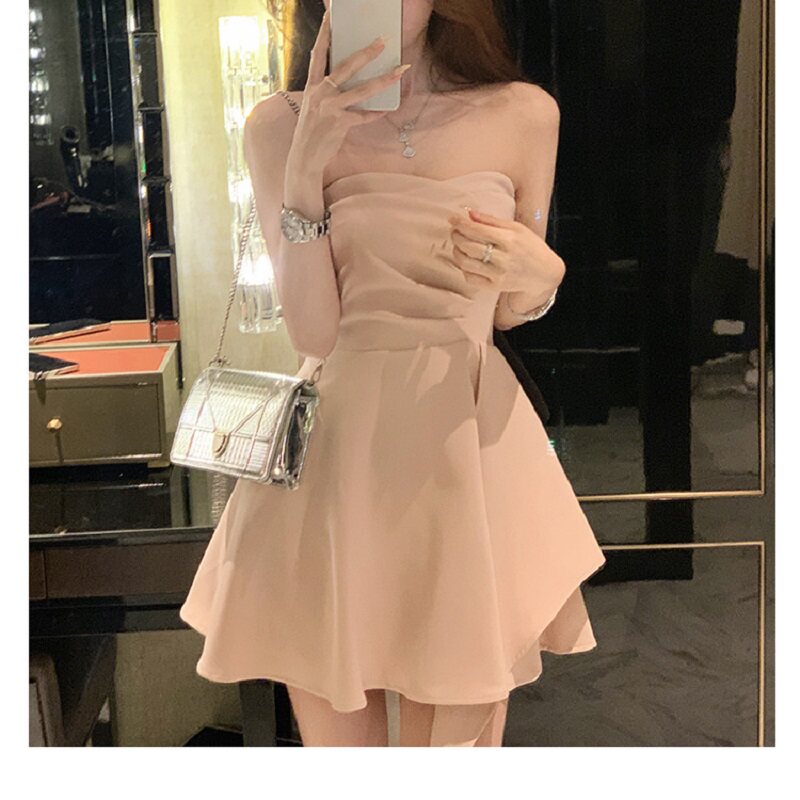 性感抹胸露肩背粉色礼服不规则轻奢高端小众级晚宴A字蓬蓬连衣裙