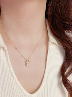 新中式复古镶钻锆石猫咪鱼骨项链轻奢高端小众级设计感精致锁骨颈