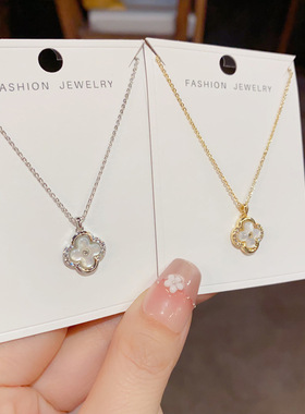 欧美复古贝母镶钻锆石四叶草花朵项链轻奢高端小众级设计感锁骨颈
