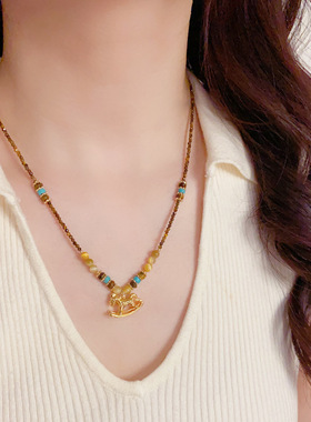 新中式国风复古虎眼石串木马本命年珍珠项链轻奢高端小众级设计感