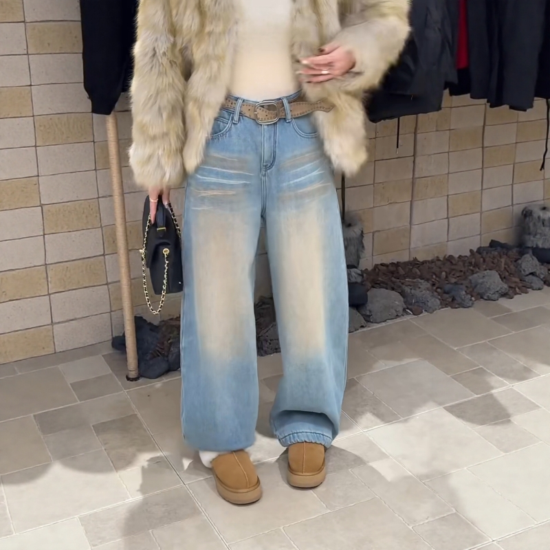 牛仔拖地裤做旧水洗阔腿裤弯刀裤