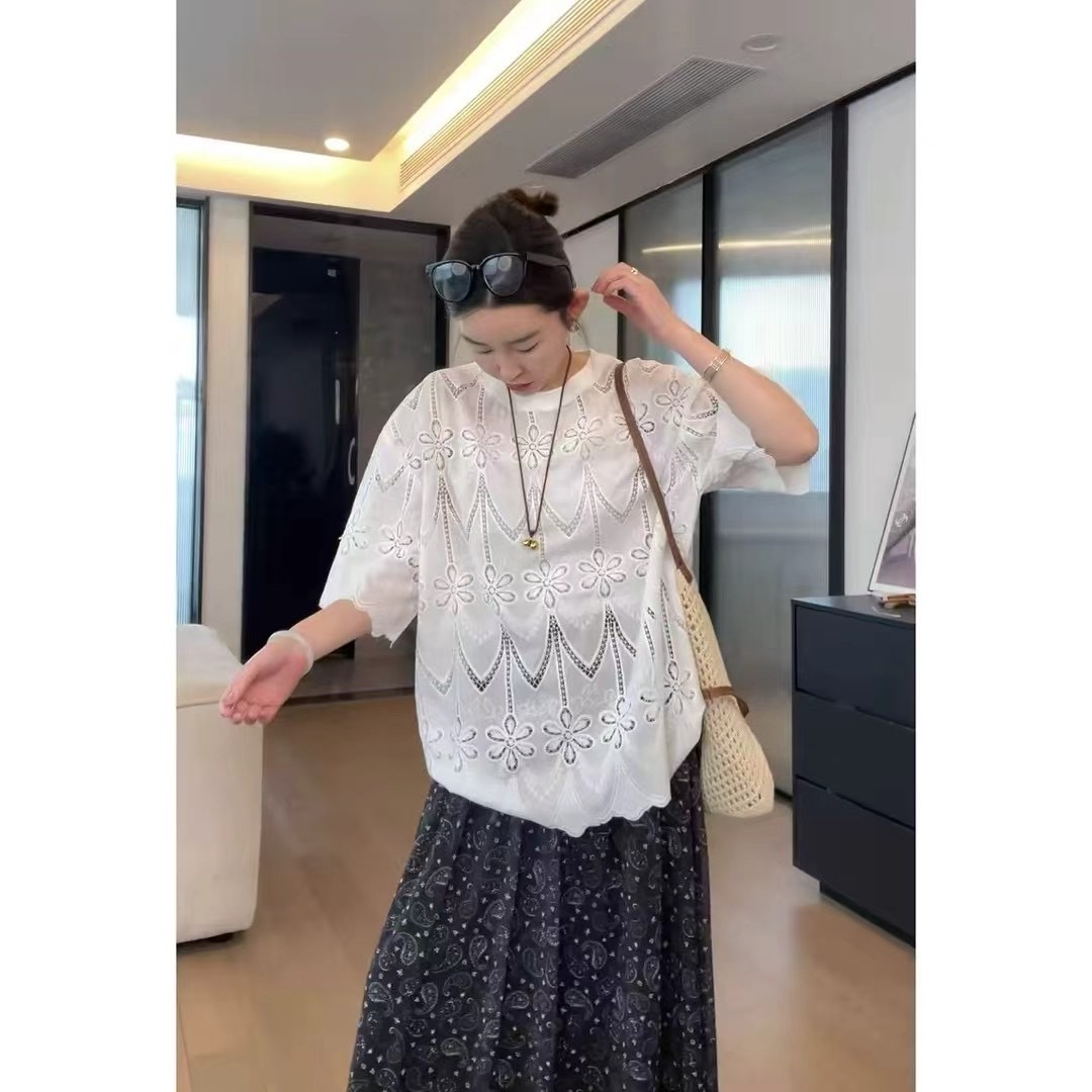 钩花镂空测修蕾丝t恤女欧洲站2025夏季新款白色短袖宽松打底衫潮