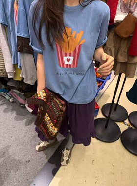 韩版薯条爱心印花减龄短袖t恤女