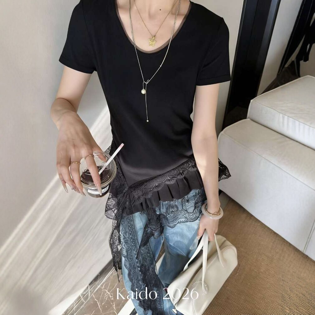 小众飘带拼蕾丝短袖黑色t恤女潮
