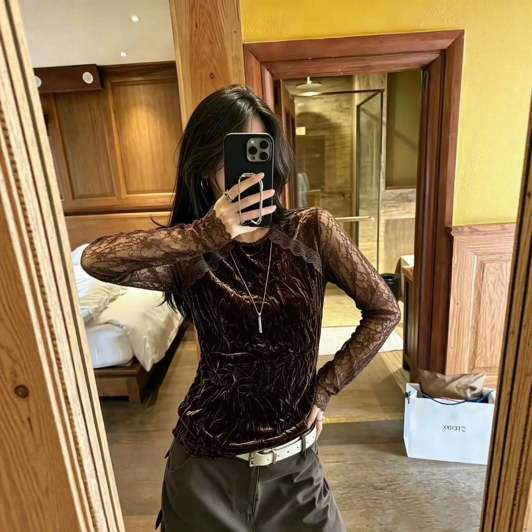拼接蕾丝打底丝绒t恤女长袖上衣