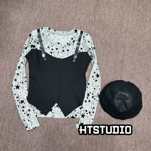 欧洲站星星印花上衣 秋季 皮带日字扣吊带假两件长袖 t恤女2025新款