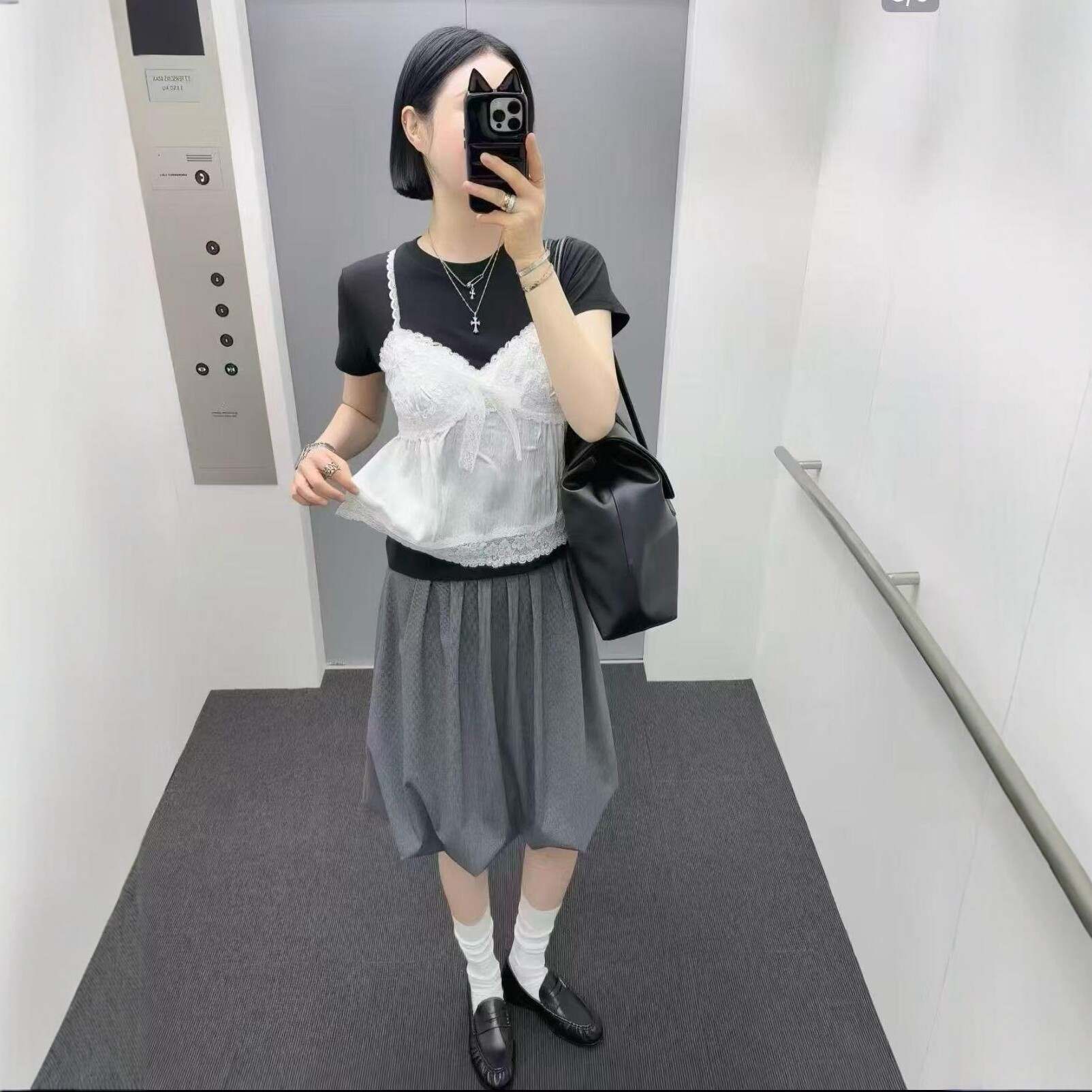 拼色蕾丝吊带假两件短袖T恤女潮