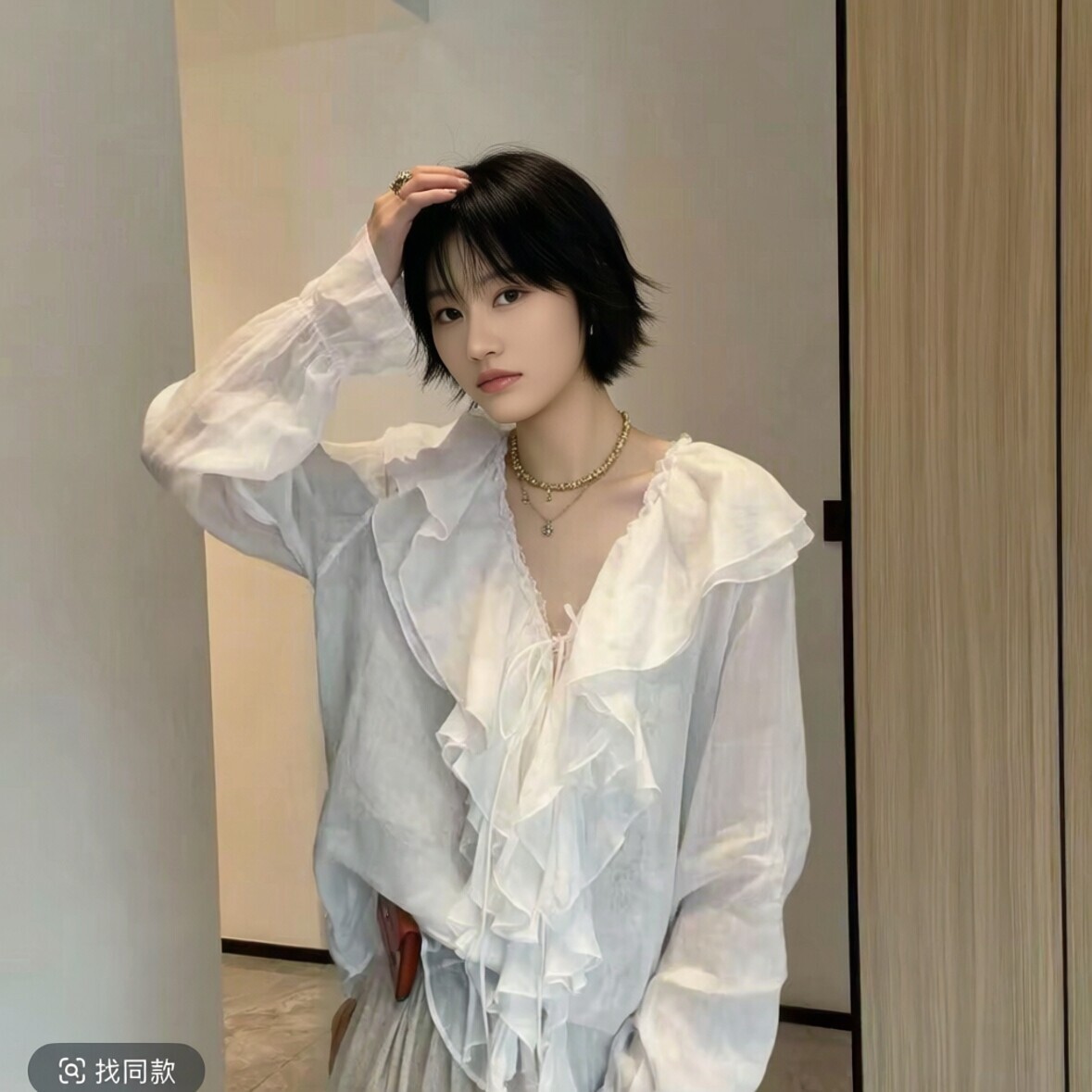 荷叶边系带设计感苎麻长袖衬衫女