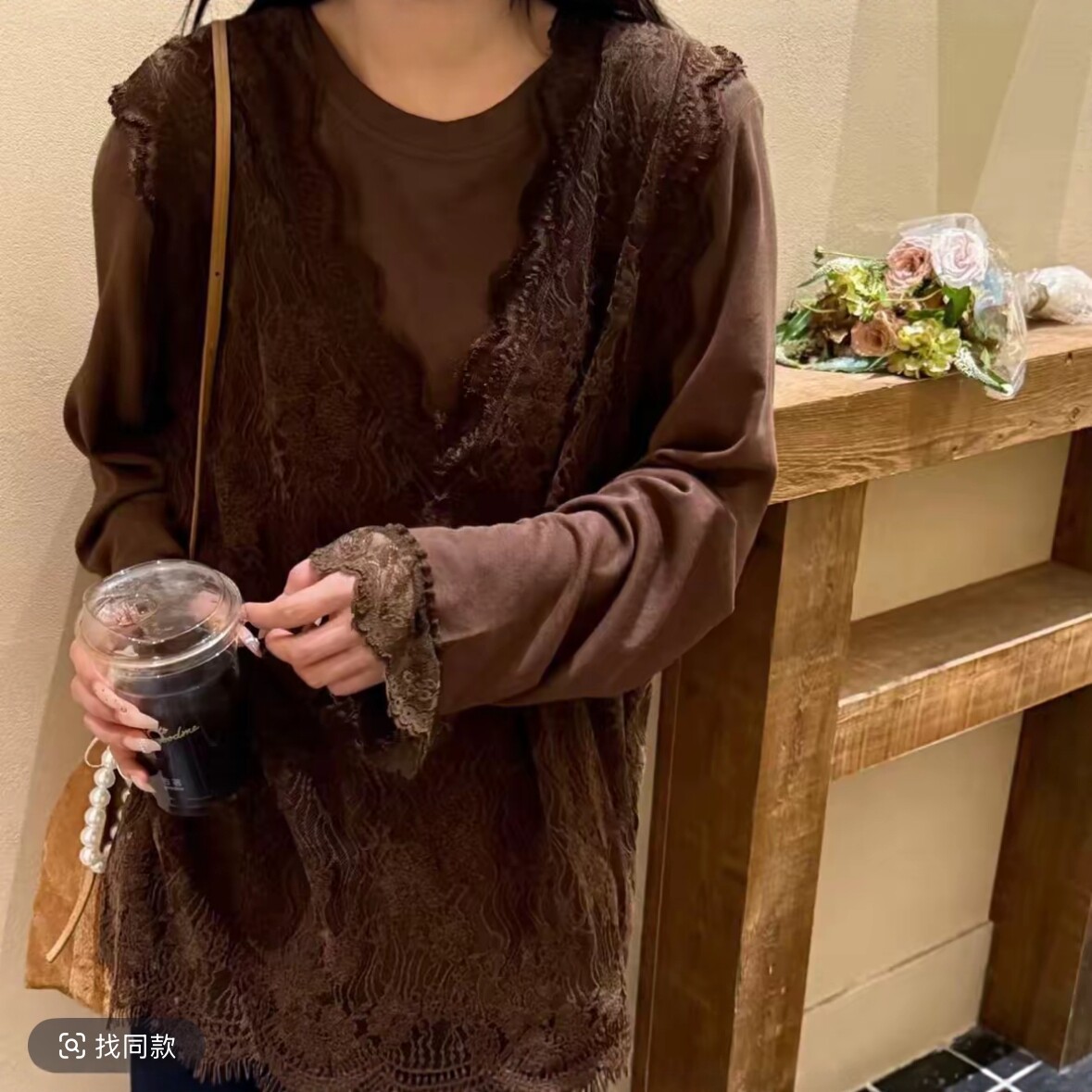 复古V领叠穿蕾丝无袖背心长袖T恤