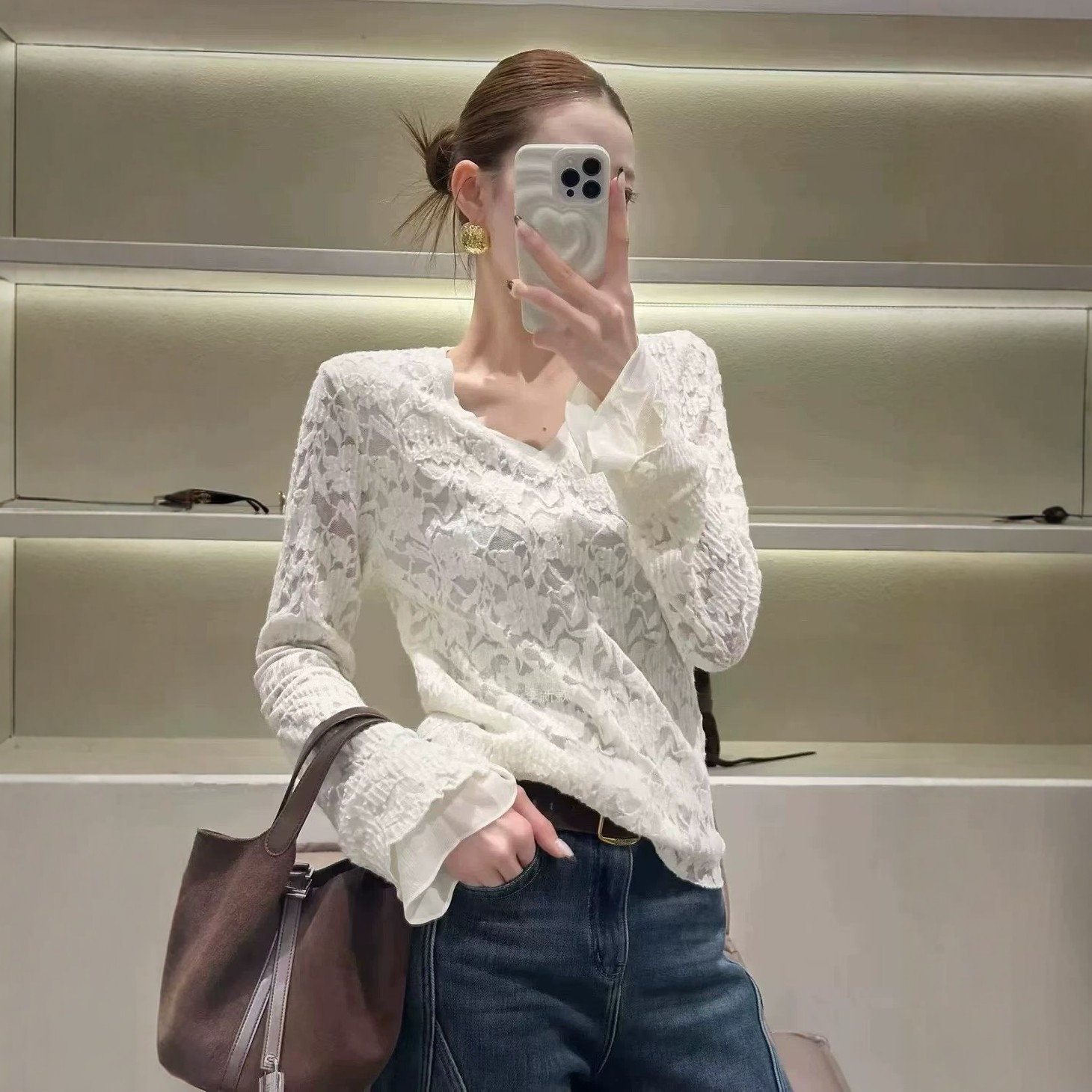 喇叭袖微透视打底衫女2025新款潮