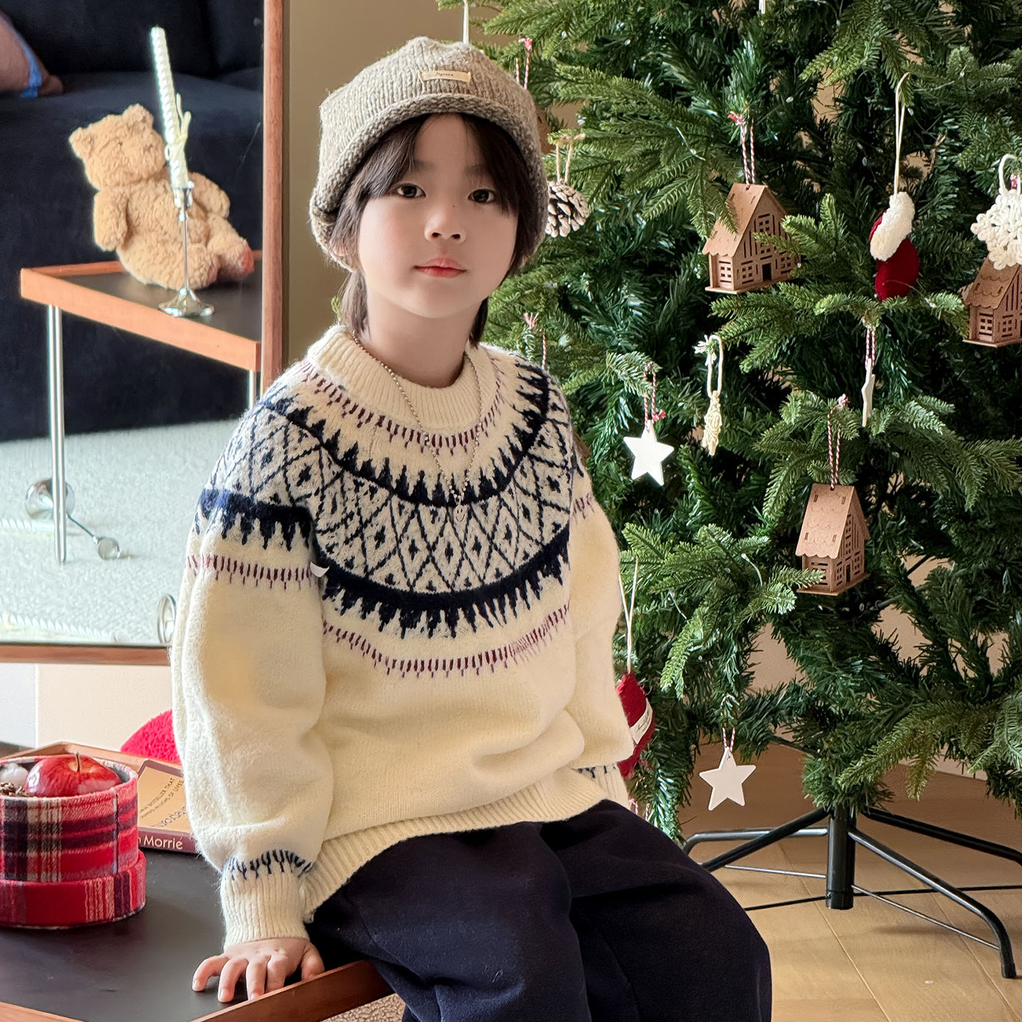 2025冬季新款麻花厚实保暖上衣帅气针织衫男童费尔岛风套头毛衣潮