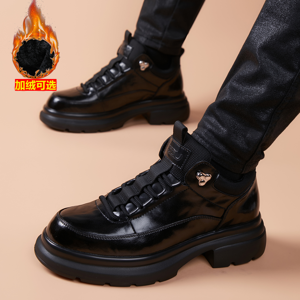 厚底休闲男鞋2025冬季新款英伦加绒复古高帮板鞋百搭真皮皮鞋男