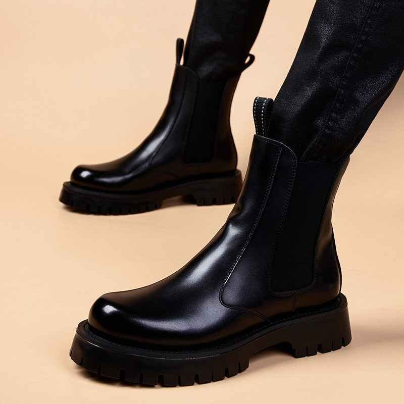 加绒切尔西男靴高帮鞋子英伦风秋冬季烟筒厚底增高马丁靴男潮靴子