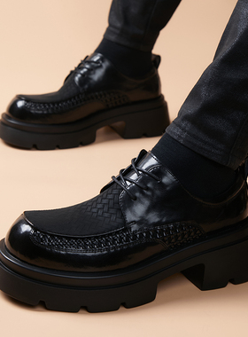男士皮鞋2026新款厚底增高真皮英伦风韩版圆头商务休闲黑色德比鞋