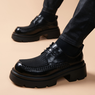 男士皮鞋2026新款厚底增高真皮英伦风韩版圆头商务休闲黑色德比鞋