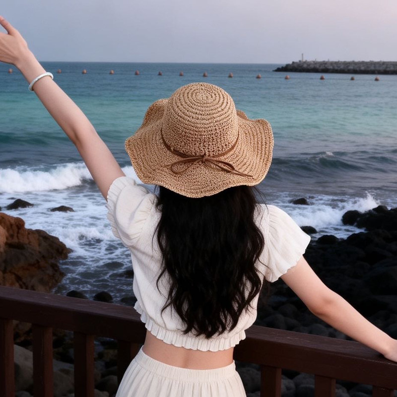 日系甜美大檐草帽女草编夏季户外镂空可折叠遮阳太阳帽海边沙滩帽