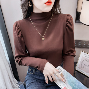 纯棉泡泡袖半高领打底衫女秋冬新款修身中领长袖T恤加厚磨毛上衣