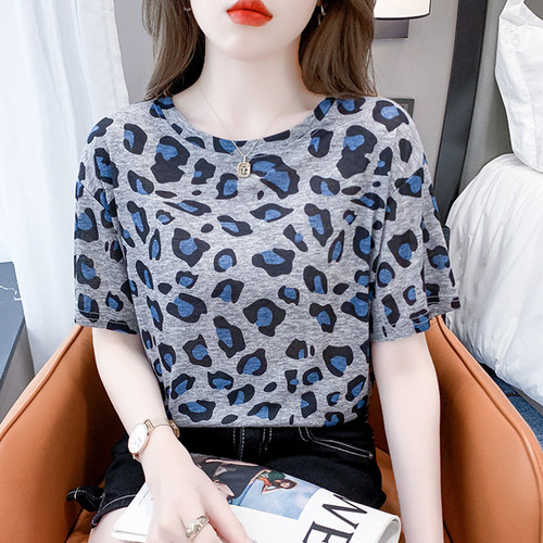 豹纹印花纯棉短袖T恤女2025夏季新款宽松百搭体恤显瘦洋气上衣