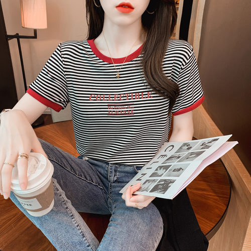 纯棉条纹T恤女短袖宽松印花上衣