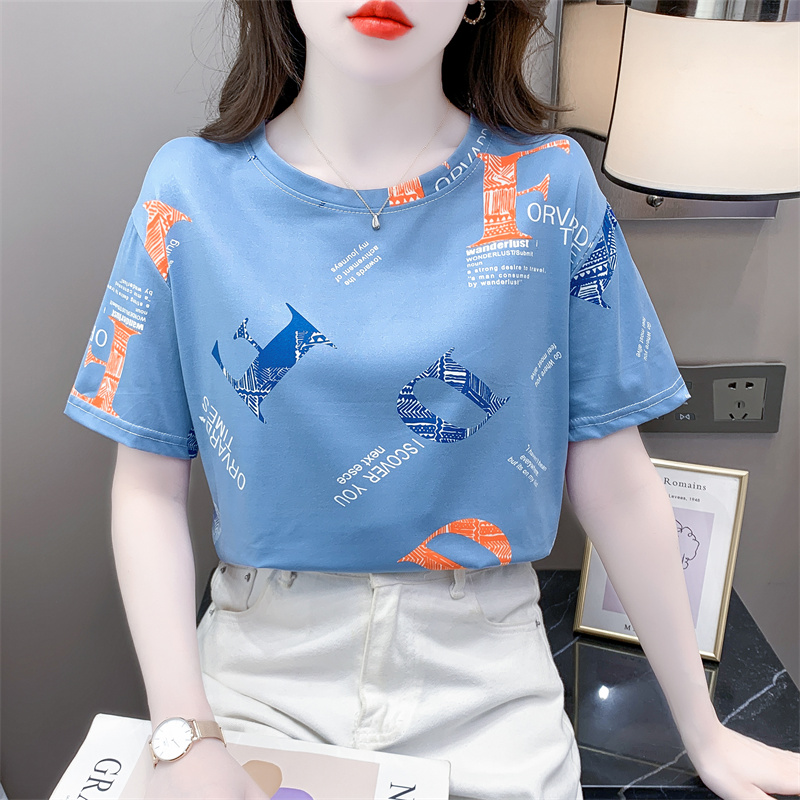 纯棉印花t恤女短袖设计感小众女装2024夏季宽松休闲体恤圆领上衣
