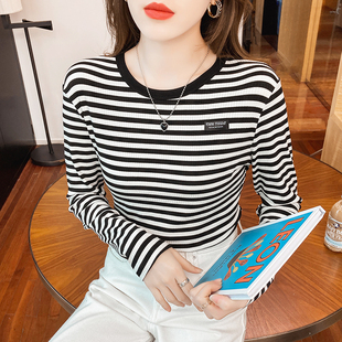 纯棉条纹打底衫 t恤女洋气秋衣百搭上衣 女修身 春秋冬内搭正肩长袖