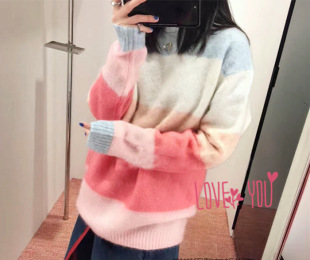 21棕色糖果色宽松软糯宽条纹羊毛马海毛圆领套头长袖常规毛衣女