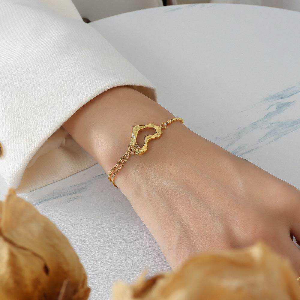 欧美ins百搭小众时尚简约手饰钛钢镀18k金桃心双层钢珠手链女饰品