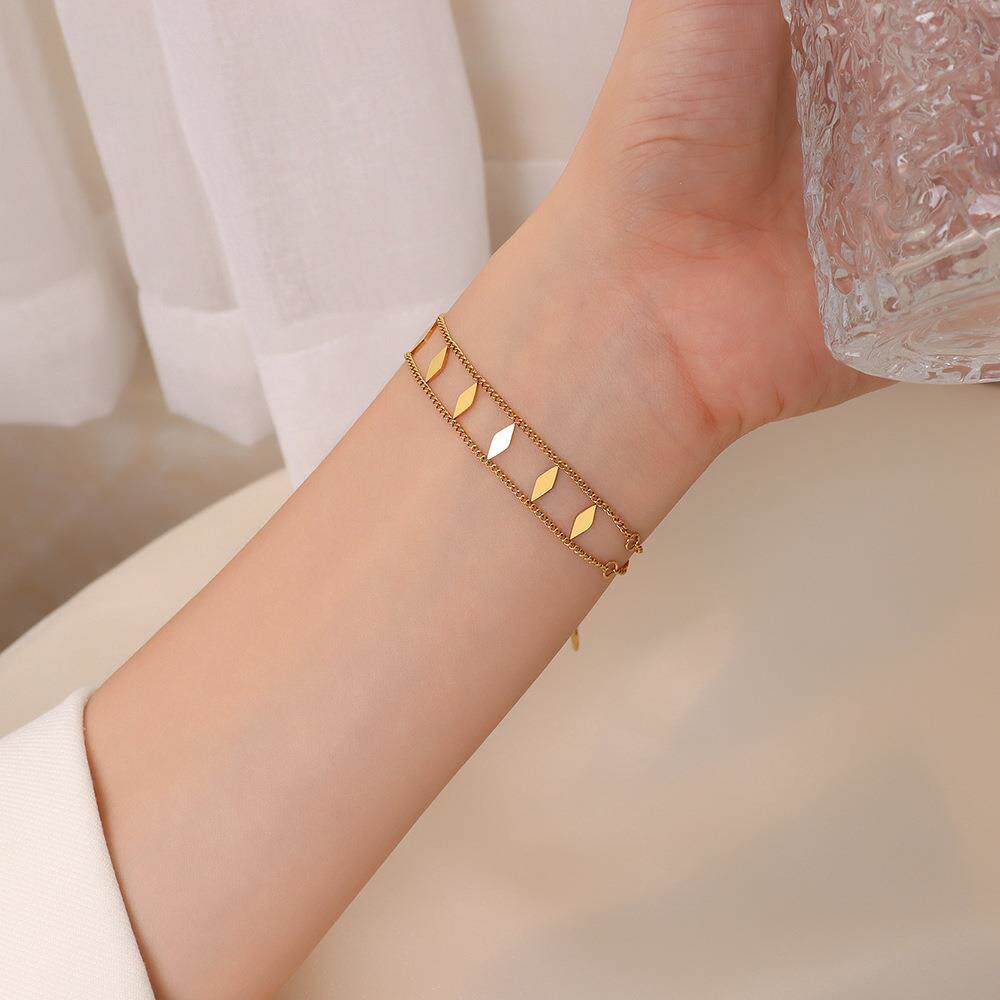 marka法式风手饰品bracelet双层几何棱形手链 钛钢镀18k真金首饰