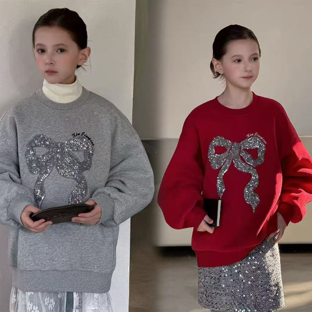 熙爱女童2025冬季新品中大童韩版蝴蝶结刺绣亮片圣诞年款加绒卫衣