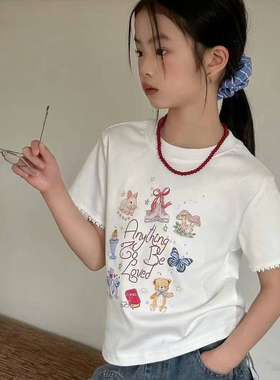 熙爱2025中大女童韩系甜美蕾丝边拼接圆领卡通印花T恤25707