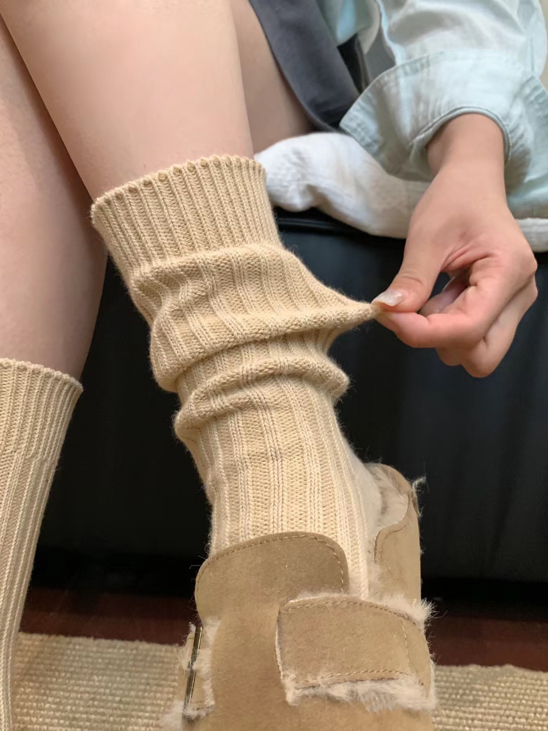 搭配勃肯鞋的袜子女日系粗线堆堆袜纯色针织毛线中筒袜潮秋冬长袜