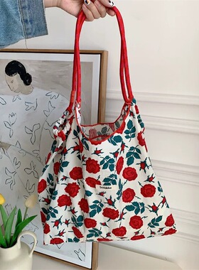 ins风韩风夏季大容量手拎单肩包抽绳购物袋清新碎花托特包腋下包
