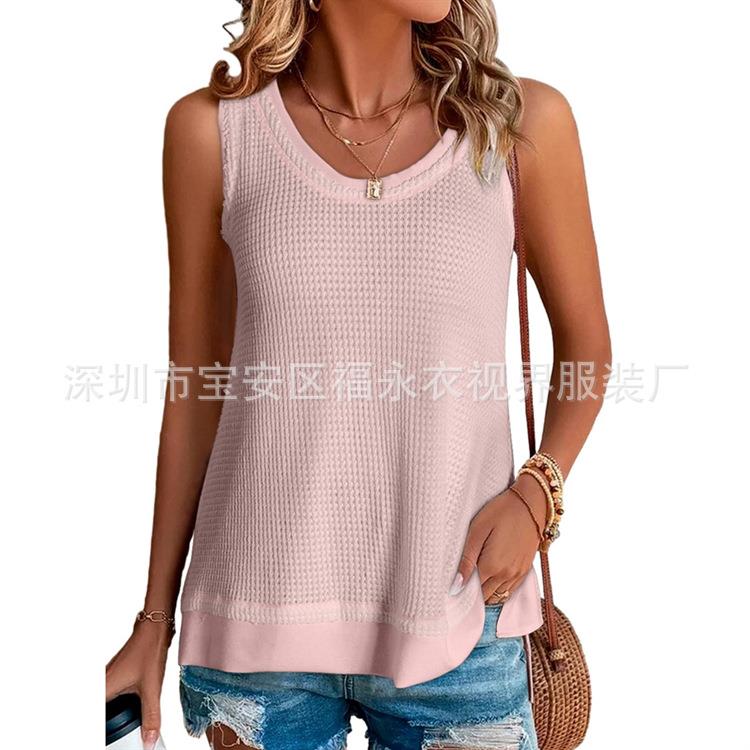 Sleeveless Top Round Waffle Knit Loose Paneled Vest Womens