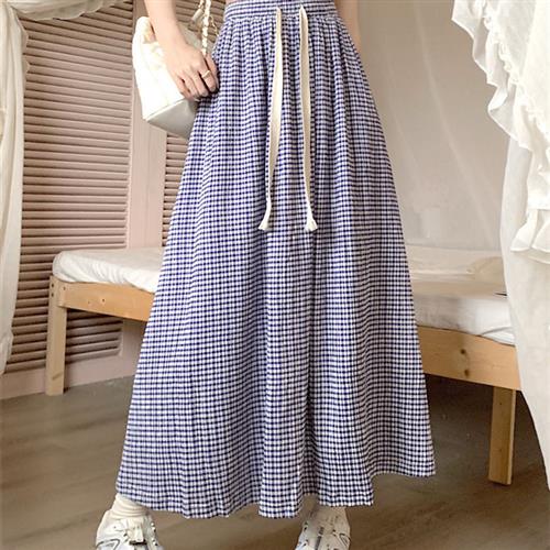 blue skirt women waist long chic for women plaid drawstring