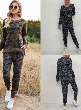 Womens Long Casual Pants Neck Sleeve Home Round Set Clothes