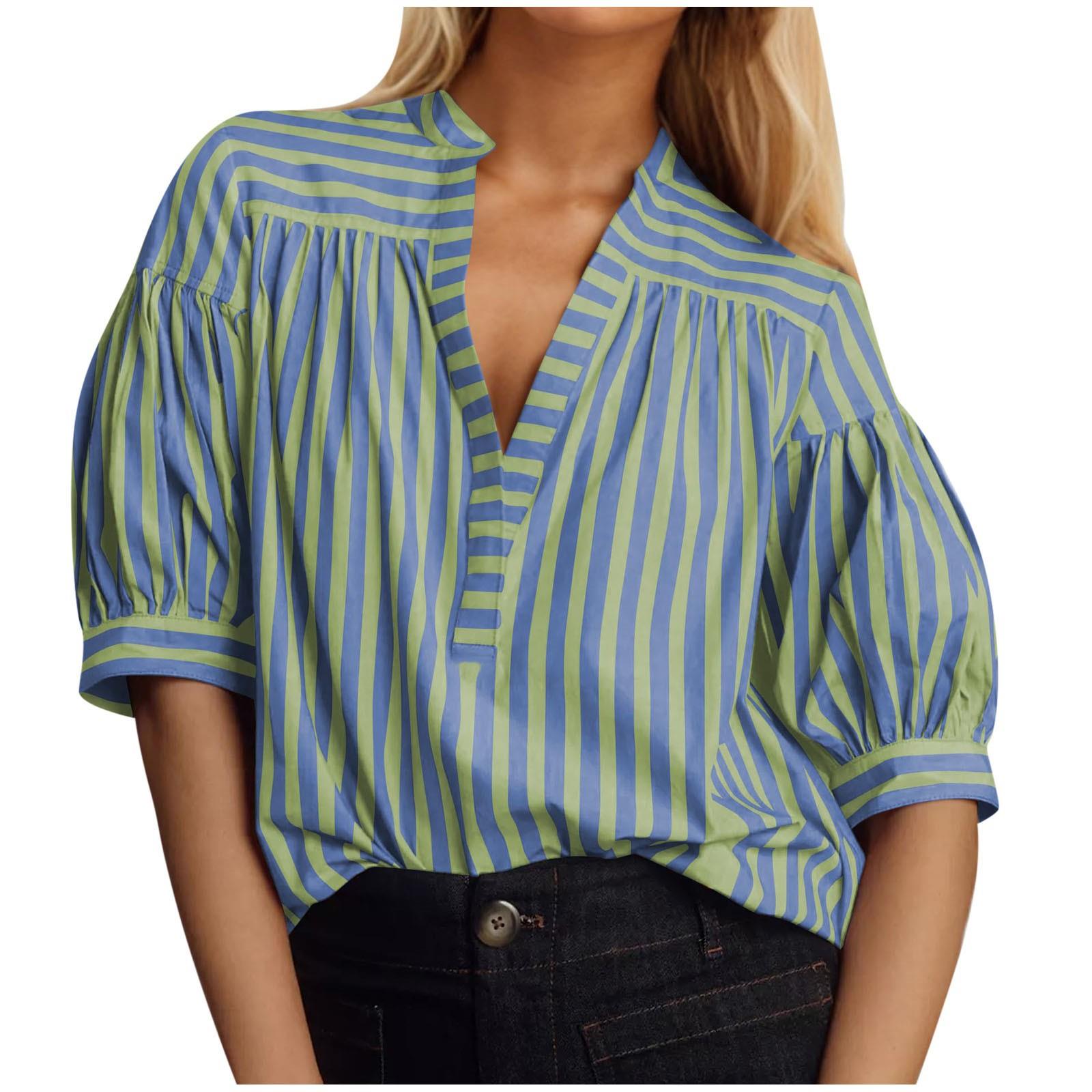 women for sleeves lantern short-sleeved shirt striped loose