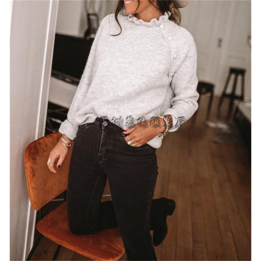 Women Sweater Neck Leaf Lotus Sweater Knitted V-Neck Button