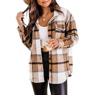 Shirt Jacket Plaid Long Woolen Casual Outerwear Flannel