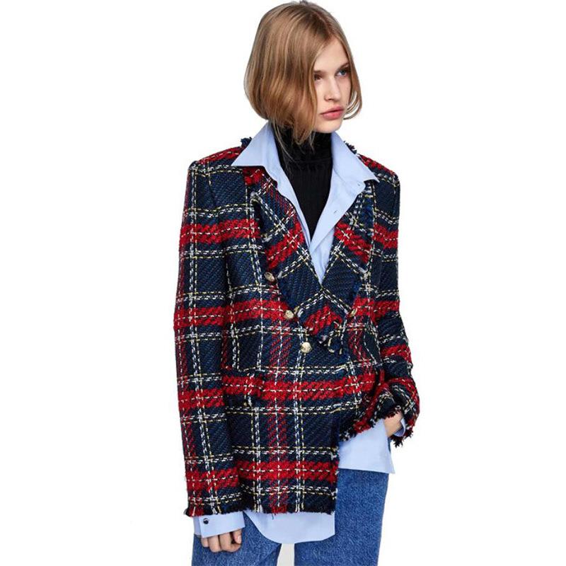 women blazer double-breasted plaid print lapel jacket thick