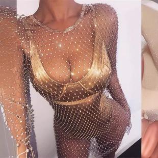 Stage Dress Long Diamond Costume Sleeve Neck Nightclub