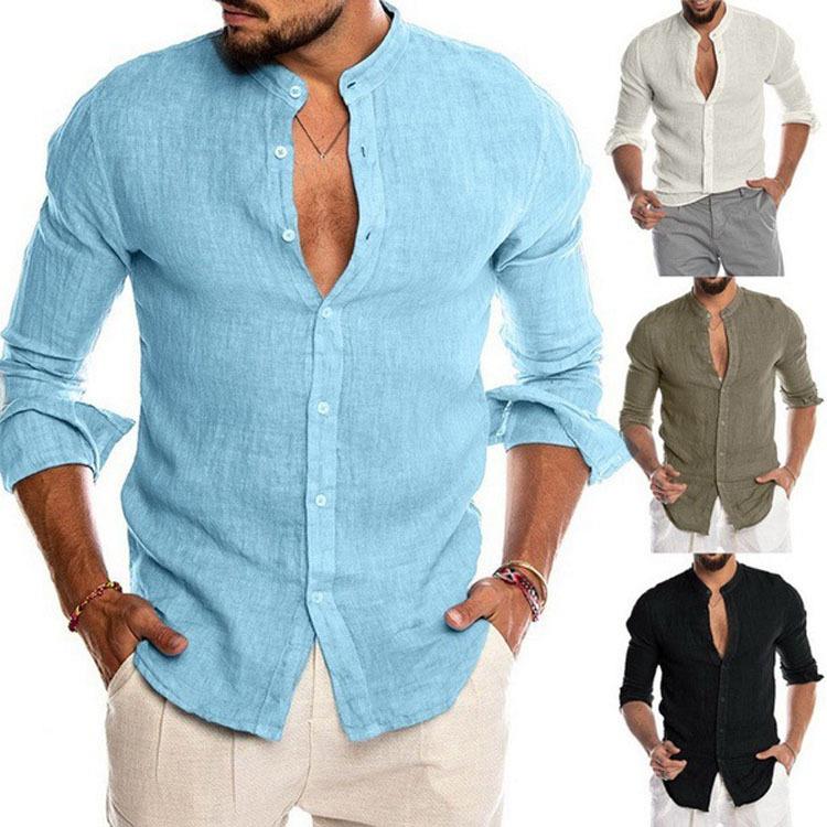 V-neck linen cardigan stand collar long sleeve men's shirt