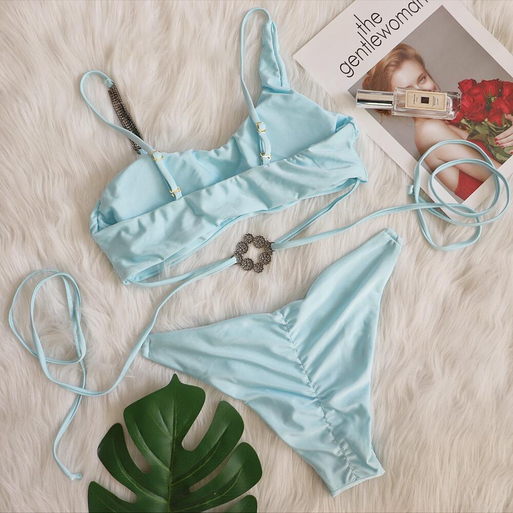 Swimsuit Color Solid Pleated Bottom Bikini Rhinestone Black