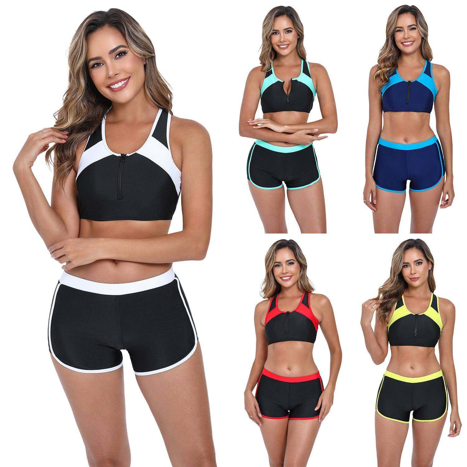 Two-piece sports swimsuit for women color matching boxer