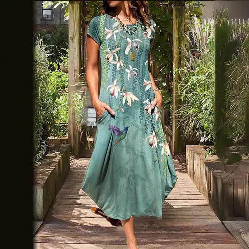 Maxi Dress Colorful Womens Round Neck Casual Short Sleeve