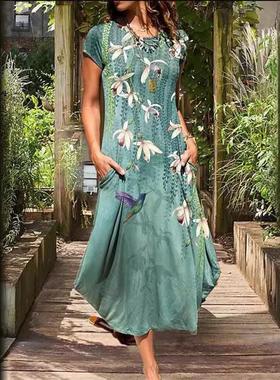Maxi Dress Colorful Womens Round Neck Casual Short Sleeve